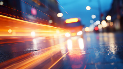 Fototapeta premium highway, speed blurred car background, tracks from the headlights, urban rhythm city nightlife, twilight traffic on the road