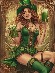St. Patrick day, Green clover, Leprechaun drinking in a pub, pot of gold, luck, feeling lucky, beer, foam, chilling, background poster card, banner