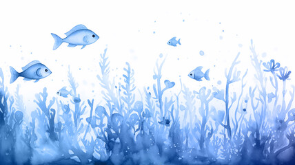 coral reef underwater, blue watercolor illustration, fish and corals ocean nature, cartoon image on white background - obrazy, fototapety, plakaty