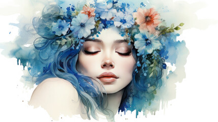 Watercolor portrait of a beautiful female face with closed eyes and a wreath on her head with bright wildflowers intertwined with blue hair