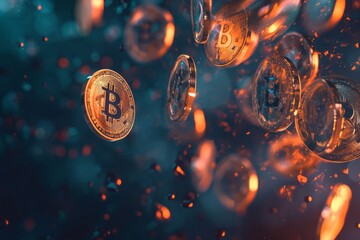 Bitcoins floating in the air - obrazy, fototapety, plakaty