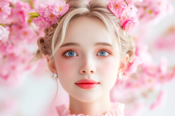 Portrait of Beautiful blonde woman near blooming pink sakura