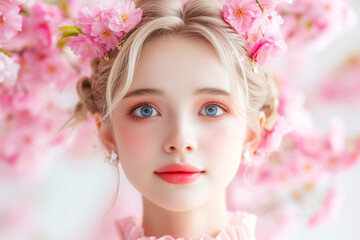 Naklejka premium Portrait of Beautiful blonde woman near blooming pink sakura