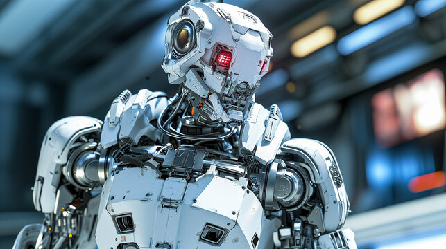 Robotic Urban Assistant on Duty at a Transport Hub, Futuristic Smart City. Public Safety, Security, Surveillance, Traffic Control, Mobility Aid. Service Innovation, Human Like Behaviour, AI Ethics. 