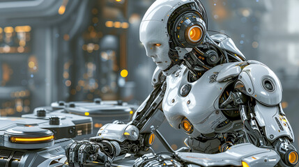 Fototapeta premium Advanced Humanoid Robot Working on Futuristic Factory Line – High-Tech Industrial Automation Scene Featuring AI, Robotics, Smart Manufacturing in Action, Orange Neon Accents, Precision Focus