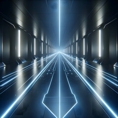 A futuristic corridor with blue light lines, symbolizing advanced technology, a journey through digital space, or sci-fi environments