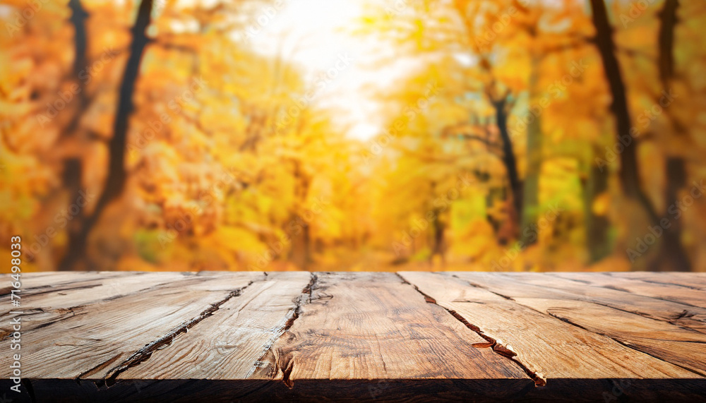 Poster wooden table top on blur dry forest in leaves fall autumn. slowly time concept. perspective view. fo