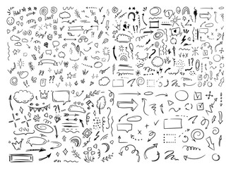 Simple sketch line style elements. Doodle cute ink pen line elements isolated on white background. Doodle arrow, heart, star, decoration symbol, icon set. Vector illustration.