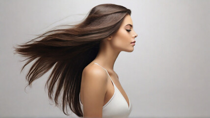 Naklejka premium Portrait of young beautiful woman with beautiful silky brown long hair
