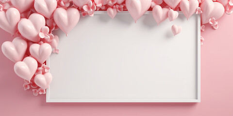 Blank frame decorated with heart shaped balloons and flowers. Concept for marketing banner, wedding greeting card, social media, Valentines Day, Birthday, Women's Day, Mother's day, beauty and fashion