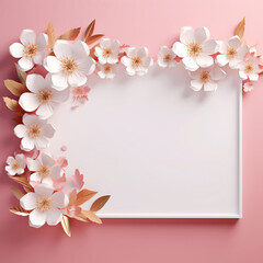 Mockup of picture frame decorated with flowers, empty space for text. Concept for marketing banner, wedding greeting card, social media, Valentines Day, love message, celebration, beauty and fashion.