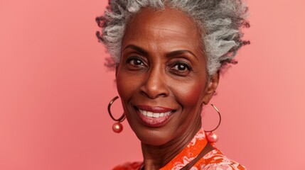 Happy senior woman with a radiant smile and stylish grey hair on a light pink studio background.