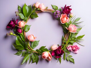 A wreath of flowers and leaves,isolated purple background, 