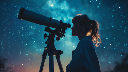 Young woman looks through a telescope against the background of the starry sky