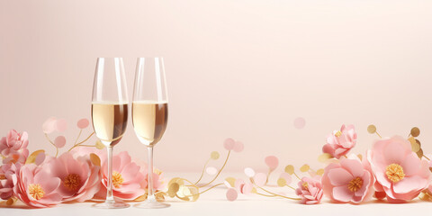 Romantic concept. Two glasses of wine with pink flowers. Valentine's day banner template. Illustration for wedding, engagement, love message, Women's day, social media.