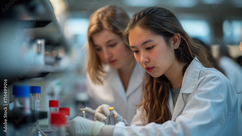 Wall mural group of scientists working in laboratory. young female scientist using microscope and test tube for