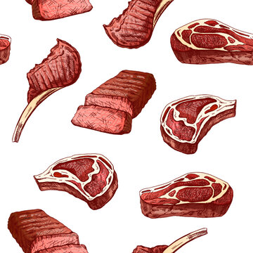 Hand-drawn vector seamless pattern of grilled beef steak, piece of meat. Vintage doodle illustration. Sketch for cafe menus and labels. The engraved image.