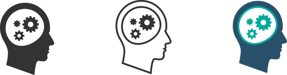 Head with gears icon. Idea, symbols of thinking, brainstorming, thinking brain, artificial intelligence, technology. High quality vector illustration.