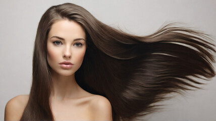 Fototapeta premium Portrait of young beautiful woman with beautiful silky brown long hair