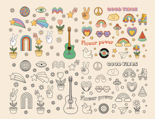 Funny cartoon peace, Love, rainbow, disco ball, sunglasses, mouth, guitar icon etc. Isolated vector illustration. Sticker pack in trendy retro cartoon style. Groovy 70s colored and black set. © Mariia Mazaeva
