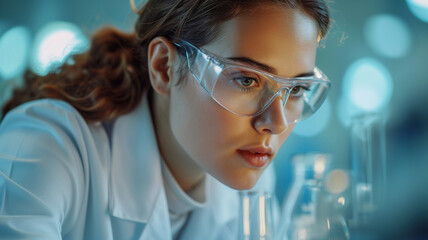 close up of female scientist in eyeglasses looking at camera in laboratory