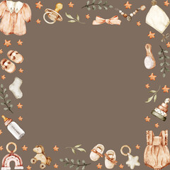 Watercolor frame with baby toys, clothes and accessories in retro style for card, invitation, baby shower, certificate Clipart on brown. Baby girl set