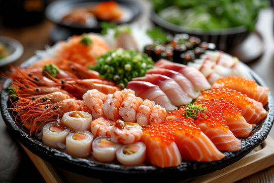 Close up Japanese seefood in the restuarant. Traditional Japanese cuisine