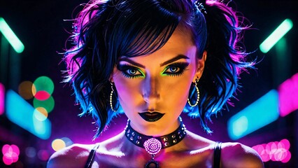 Fototapeta premium A beautiful cyberpunk girl stands against the backdrop of the night city of the future. Cyberpunk concept.