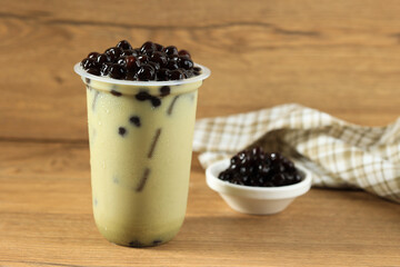 Matcha Green Tea Milk Latte with Boba Bubble Tapioca Pearl