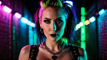 A beautiful cyberpunk girl stands against the backdrop of the night city of the future. Cyberpunk concept. 