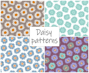 A collection of floral patterns with cute daisies, a set of seamless backgrounds with wildflowers.