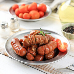 Stir Fry Beef Sausages Black Pepper on Rustic Plate