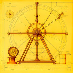 An illustration in the style of an old blueprint. Astrolabe  is depicted in the style of a pencil drawing.