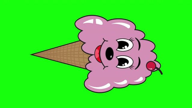 Animated Cartoon Style Cute Ice Cream Licking lips with Tongue. Yummy cute ice cream animation isolated on green chroma key screen. Cherry Flavored ice cream inside a wafer cornet with cherry above.