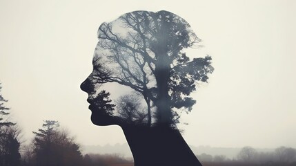 The artistic silhouette of a woman's profile, merging with the mystical forest landscape, creates a double exposure effect, emphasizing the unity of man with nature.