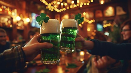 St. Patrick day, Green clover, Leprechaun drinking in a pub, pot of gold, green beer, lucky, viking, horns, helm, warrior - obrazy, fototapety, plakaty