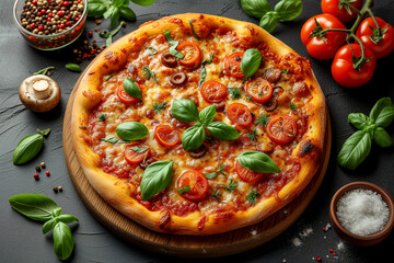 Pizza with meat, cheese and tomatoes on a dark background.