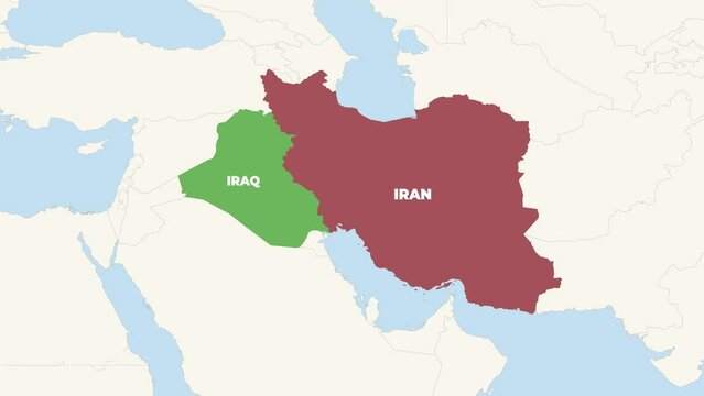 Zoom In To Iran and Iraq On Blue and White World Map. Animation in 4K Video