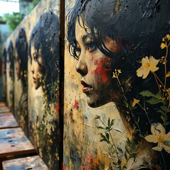 An artistic portrait of a woman depicted on a wall with floral motifs, where flowers and drops of paint create a dynamic and textured canvas, adding depth and emotion to the image.