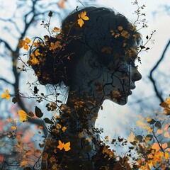 Image description: The contour of a woman’s profile gracefully merges with a rich floral background, where a variety of flowers and leaves create a picturesque and harmonious composition
