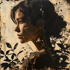 Image description: The contour of a woman’s profile gracefully merges with a rich floral background, where a variety of flowers and leaves create a picturesque and harmonious composition