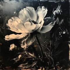 A dramatic interpretation of flowers in monochrome tones, where light and shadow play on the petals and leaves, creating an expressive and emotionally rich composition.