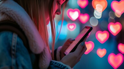a woman looking at her cell phone with hearts floating around her