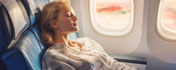 Woman passenger is sleeping in flying plane. Comfort sleep airplane