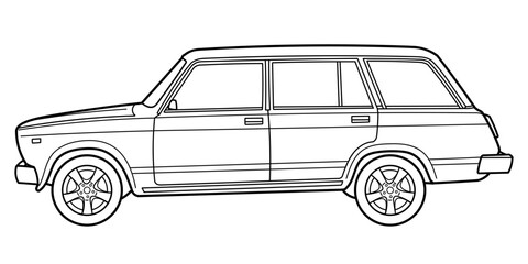 Classic city class car of 90s. Station wagon. 5 door car on white background. Side view shot. Outline doodle vector illustration