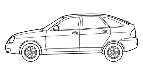 utline drawing of a hatchback car from side view. Classic style. Vector outline doodle illustration. Design for print or color book	
