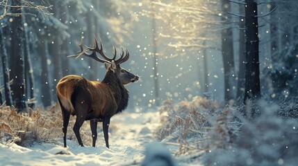 A forest deer on the background of a winter forest landscape. Created with Generative Ai technology.