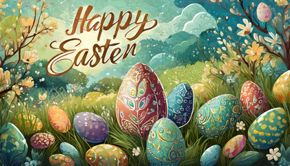 easter eggs in the grass with "Happy Easter" text