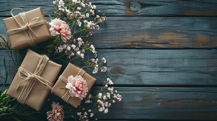 wrapped gifts with flowers on a wooden background