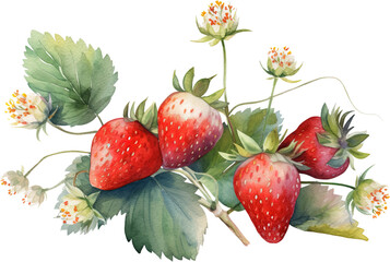 watercolor painting of fresh big strawberry berries with leaves and flowers on white background , generative AI - 716504262